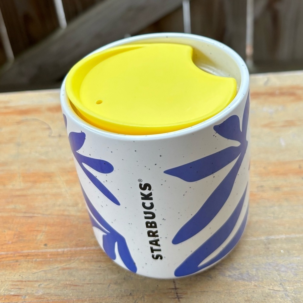 Starbucks 2021 8oz Insulated Ceramic Travel Tumbler Cream & Blue with Yellow Lid